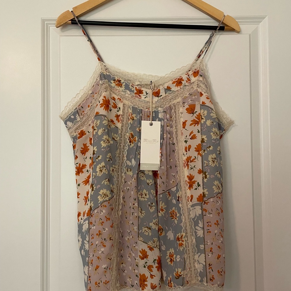 NWT Miss Me Buckle Mixed Pattern Lace Trim Women's blouse tank top - Picture 5 of 9